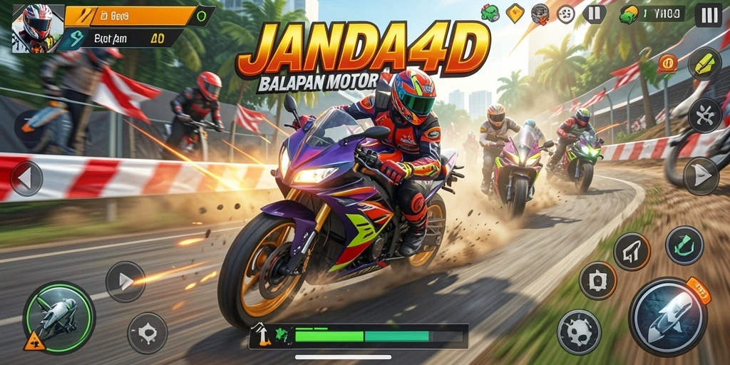 Screenshot gameplay JANDA4D menampilkan aksi balapan motor yang mendebarkan.