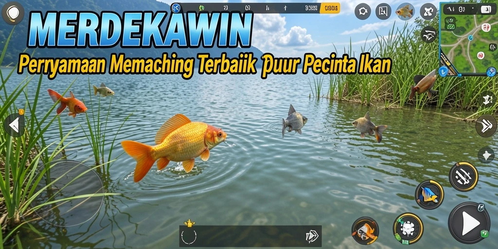 Screenshot gameplay MERDEKAWIN menampilkan aksi memancing yang seru dan grafis yang memukau.