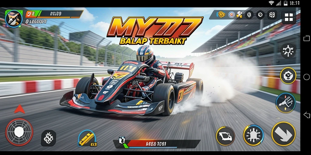 Tangkapan layar gameplay MY777 menunjukkan aksi balap yang seru.